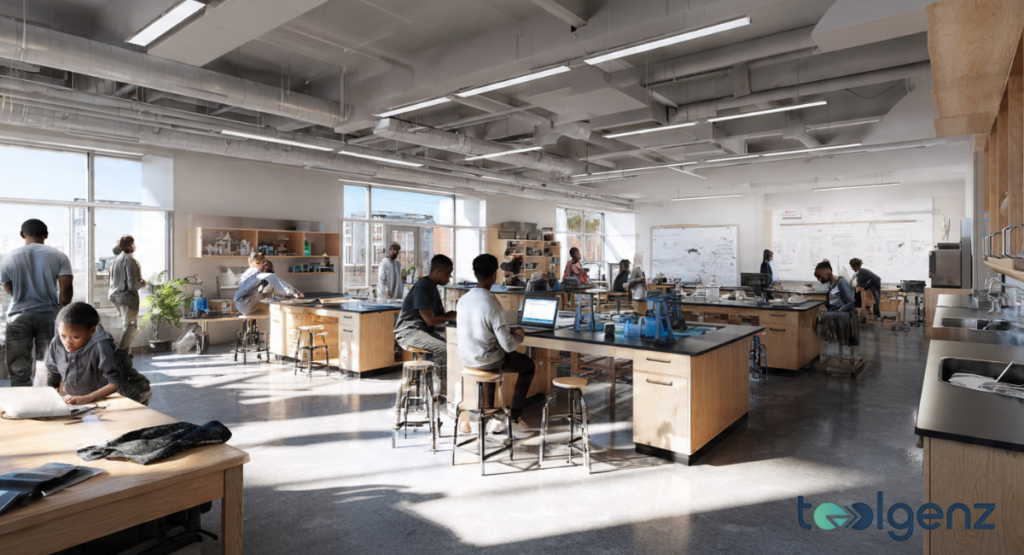A modern, high-tech science laboratory filled with students working at black-topped stations. The room features industrial ceilings, large windows, and advanced technical equipment.
