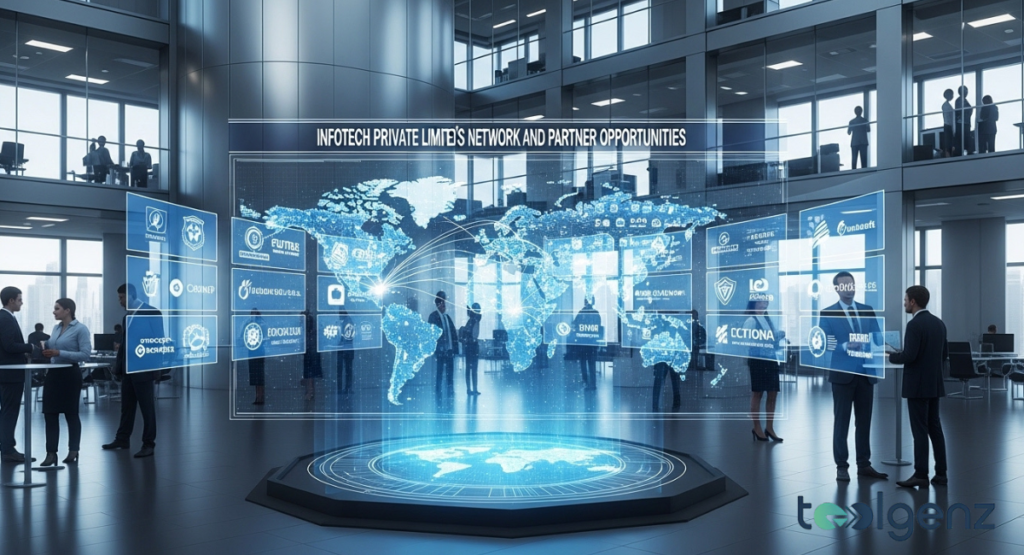 A modern, open-plan office features a central holographic world map displaying "INFOTECH PRIVATE LIMITED'S NETWORK AND PARTNER OPPORTUNITIES," surrounded by various client and partner logos. The expansive network visualization highlights global reach and numerous collaboration possibilities.
