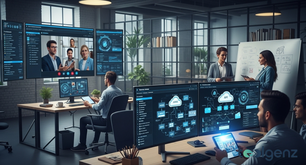 An office space featuring employees engaged in a hybrid work setting, with some participating in video conferences on large screens. Others work on complex data visualizations and system architecture diagrams, showcasing advanced collaboration tools.
