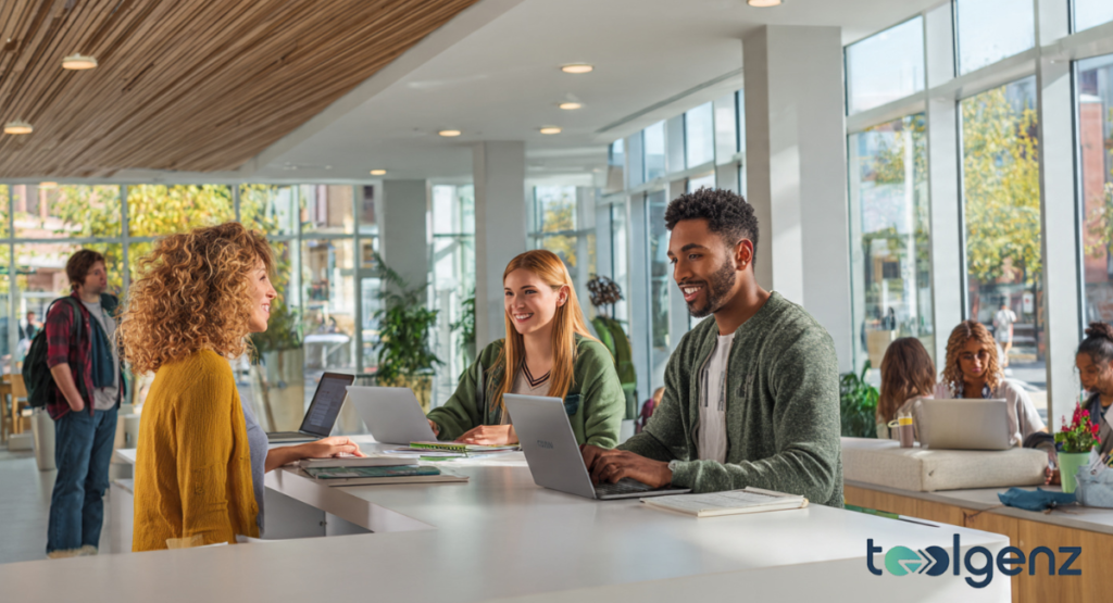 A diverse group of students collaborating in a modern, sunlit campus study space. They are working with laptops and notebooks, representing a focused yet accessible learning environment.