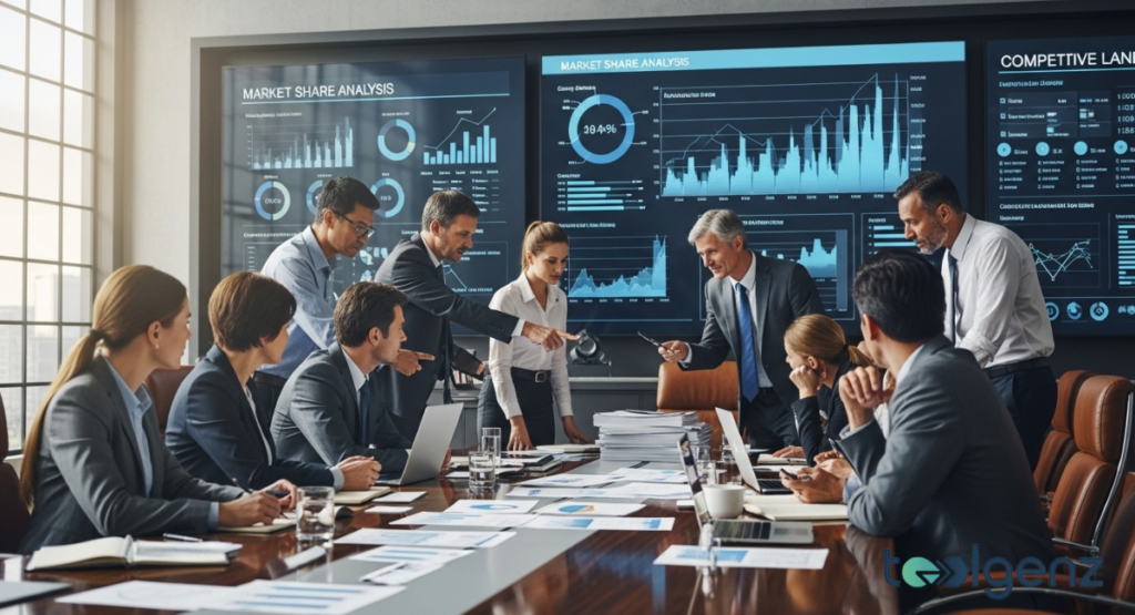 A group of executives in a formal boardroom analyze complex market share and competitive analysis data displayed on a large screen. The intense discussion and numerous graphs highlight strategic planning and competitor assessment.