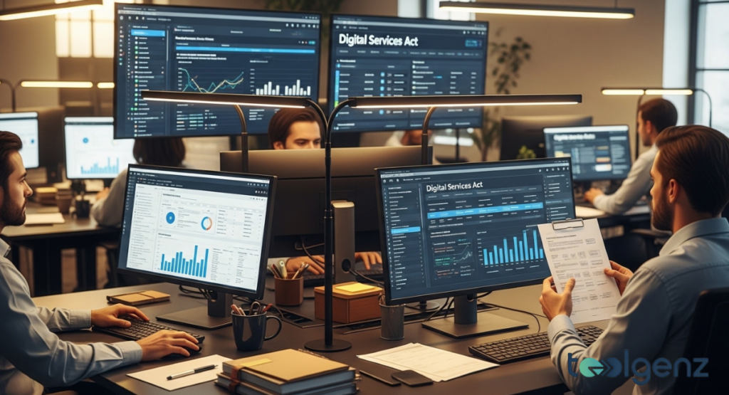 IT professionals work at a modern desk setup featuring multiple monitors displaying compliance dashboards. The screens specifically reference the Digital Services Act and real-time data analytics.