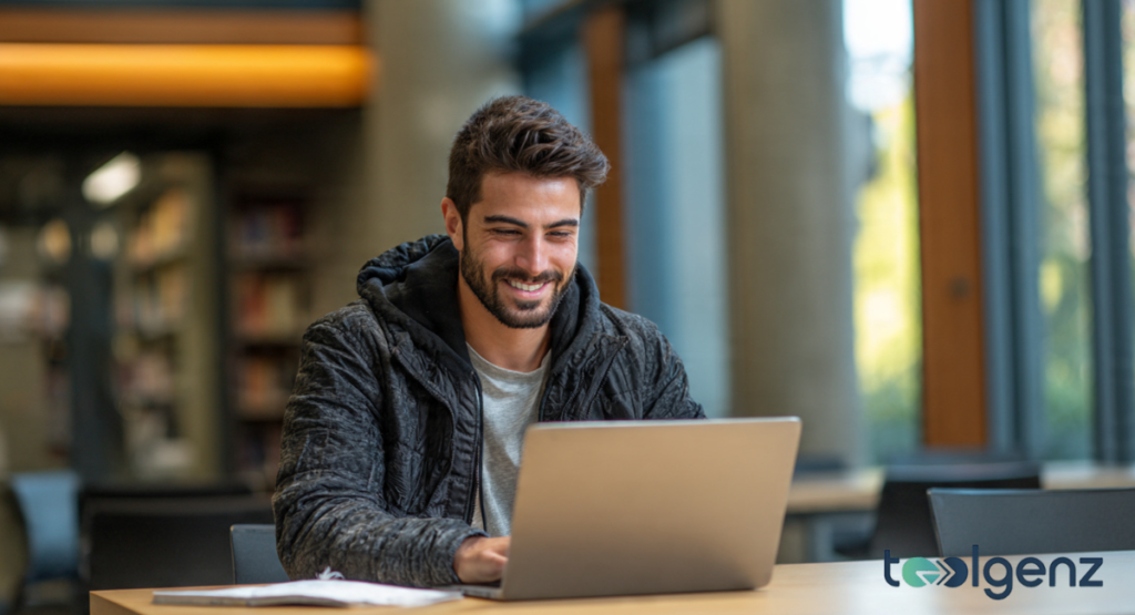 A smiling student looks at his laptop while sitting in a quiet university common area. He has successfully finished setting up his communications and is ready for the semester.