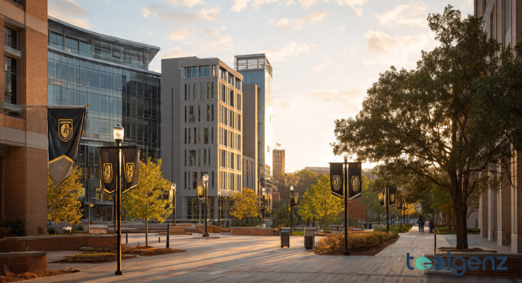 A wide view of a campus courtyard during sunset, featuring several black banners hanging from lampposts. Each banner displays the university mark in a gold vertical orientation.