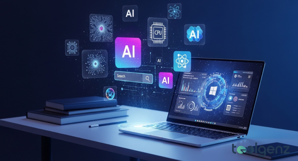 AI-related icons and data visualizations float around a laptop displaying Windows.