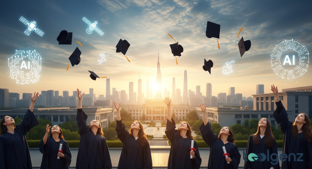 Graduates in caps and gowns toss their caps into the air against a backdrop of a futuristic city skyline and digital AI symbols. It represents the bright future for graduates from top tech institutions.