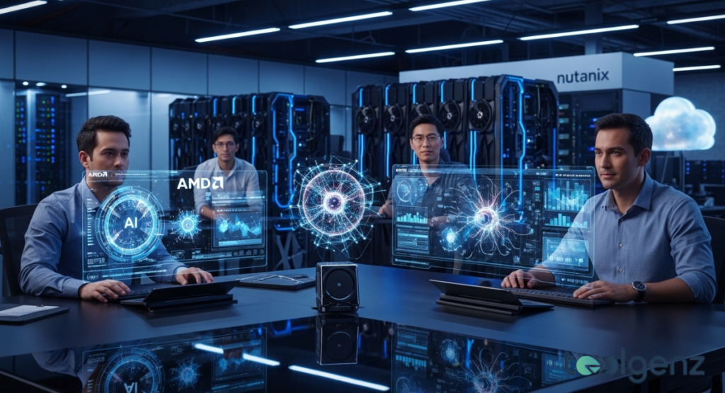 Four professionals are seated around a conference table in a data center, interacting with holographic displays featuring "AMD" logos and AI-related visuals. The advanced technology and server racks in the background highlight the collaboration in artificial intelligence.