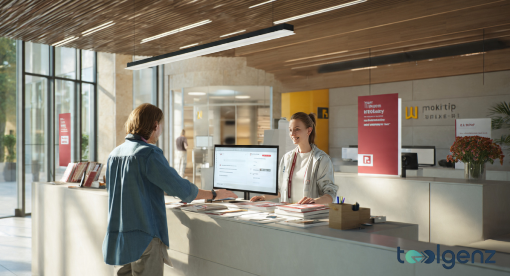 A friendly staff member at a modern reception desk assists a student with inquiries in a sunlit lobby.