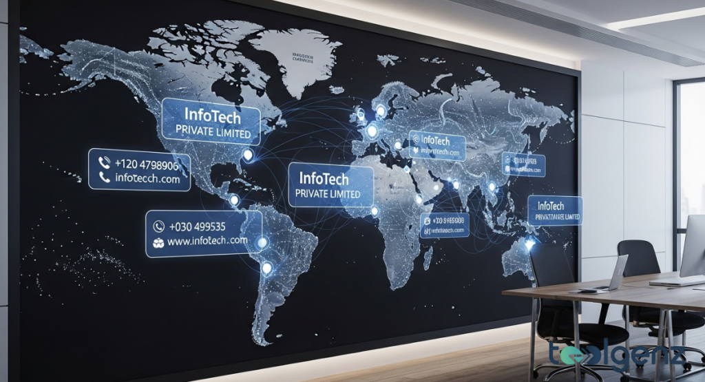 A large wall-mounted world map shows numerous glowing pins indicating InfoTech's global business locations and contact information in various regions. The interconnected network of locations highlights the company's extensive international presence.