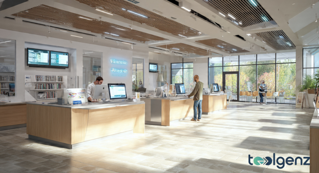 A modern customer service reception area with wooden desks and digital displays.