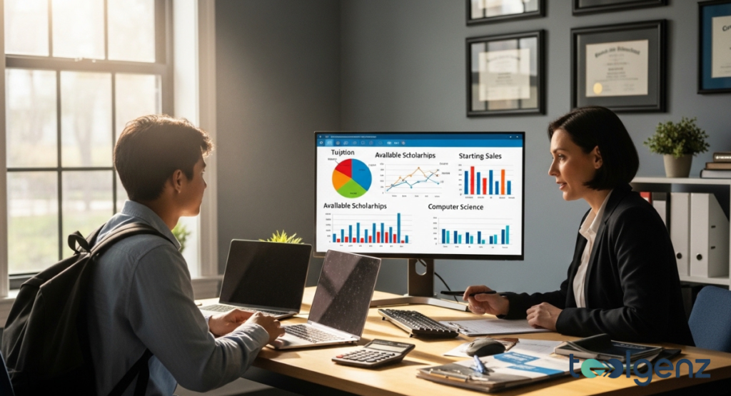 A student and an advisor discussing financial aid and career prospects. A computer screen displays various charts related to tuition, scholarships, and salaries.