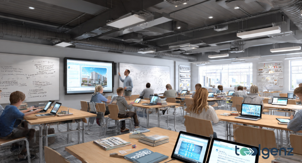 A modern industrial-style classroom where students use laptops while an instructor points to a digital screen. Small groups of students engage in interactive learning within a high-tech educational environment.