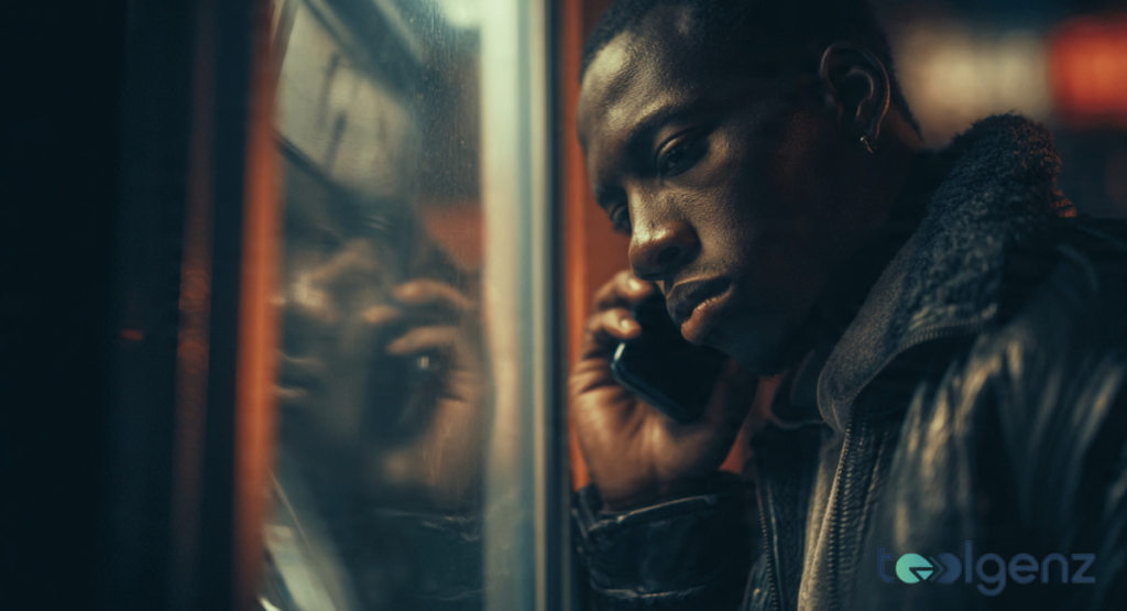 A close-up of a concerned man wearing a leather jacket, talking on a smartphone while leaning against the glass of a lit financial kiosk at night.
