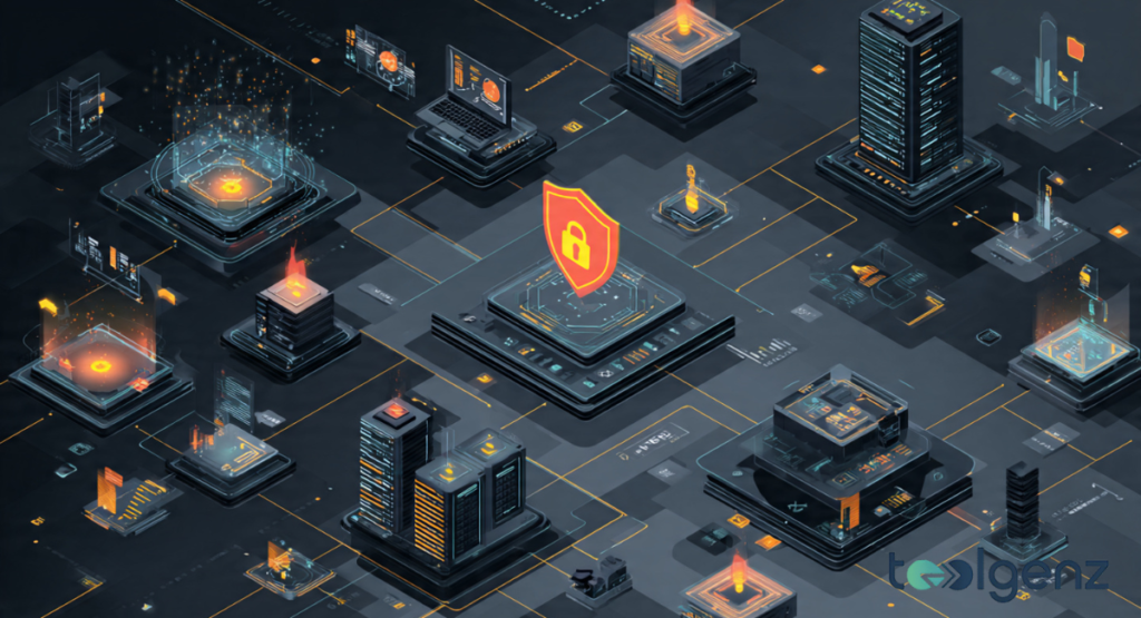 An isometric 3D digital illustration of a complex network security infrastructure, featuring glowing server towers, circuit-like pathways, and a central orange shield icon with a padlock.