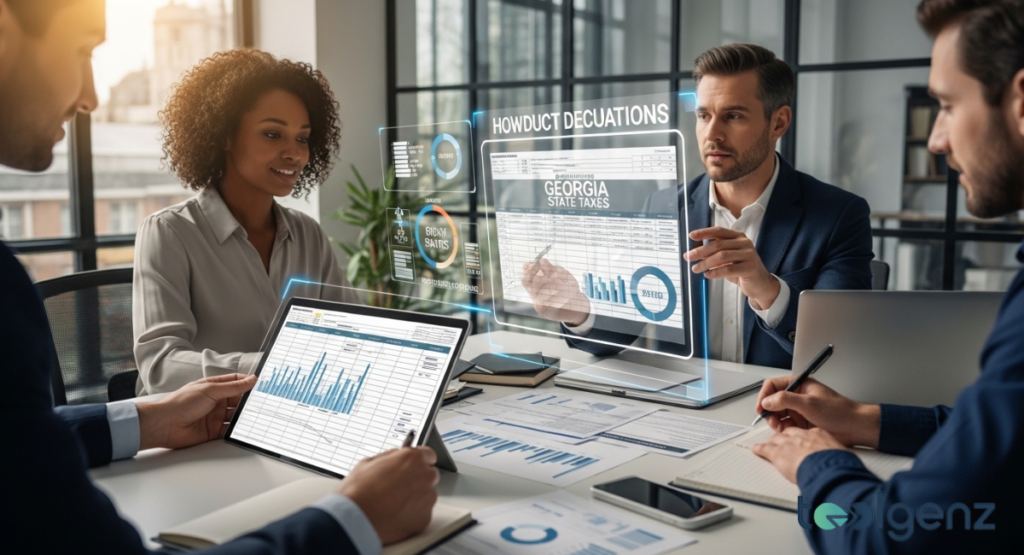 Four business professionals discuss financial data around a table, with a central holographic display showing "GEORGIA State Taxes" and "HOWDUCT DEDUCTIONS." The interactive visuals and detailed charts highlight strategies for deducting state income tax.