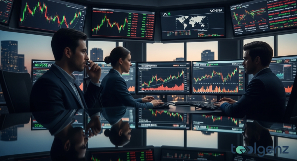 Traded-focused environment with multiple glowing monitors showing global market indices and world maps. Professionals work in a dimly lit room to track international investment risks.