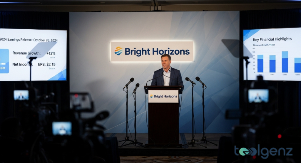 A speaker stands at a podium in front of a blue backdrop with the company logo.
Large screens on either side display key financial highlights and revenue growth stats.