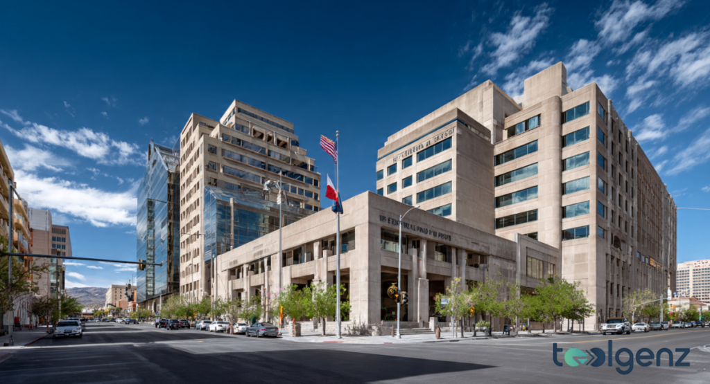 A modern street-level view of brutalist and glass office buildings in a quiet, sunlit downtown business district.