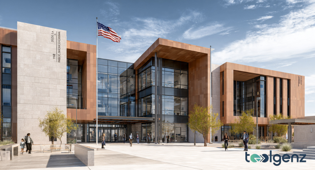 A contemporary institutional building with large glass windows and copper-toned accents, featuring an American flag flying out front.