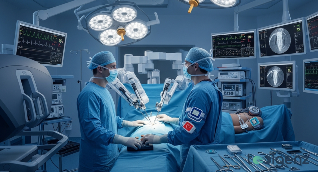 Surgeons utilize a sophisticated robotic system for a complex medical procedure in a high-tech operating room. Multiple screens display vital patient data, highlighting advancements in healthcare technology.