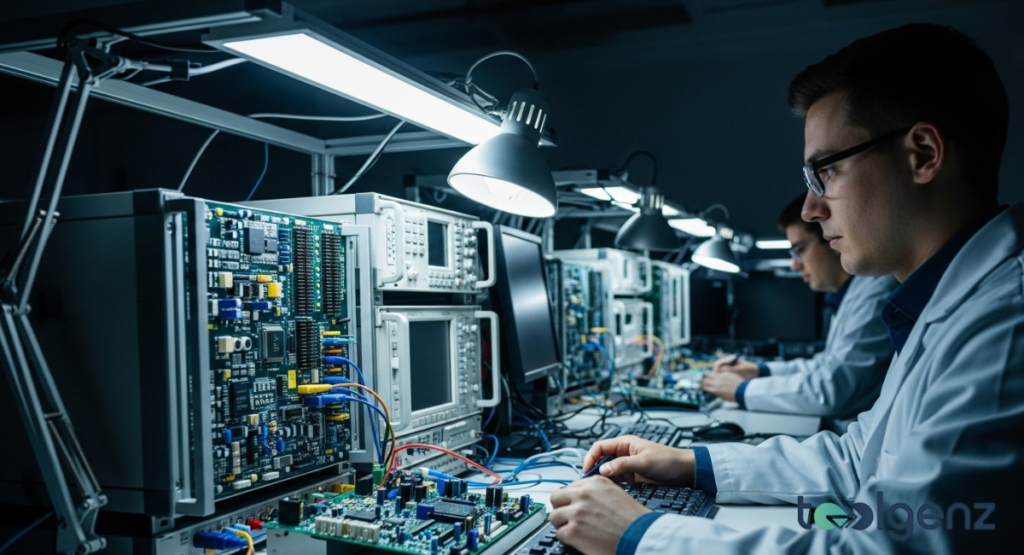 Engineers in a brightly lit electronics lab meticulously test circuit boards and components on workbenches. Rows of specialized equipment ensure quality and functionality of electronic devices. This image showcases the latest electronics innovations.