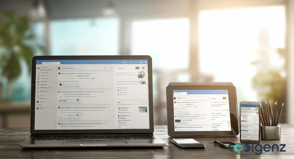 A laptop, tablet, and smartphone displayed together on a desk showing synced email apps. The cross-platform view demonstrates how university mail appears on different screen sizes.