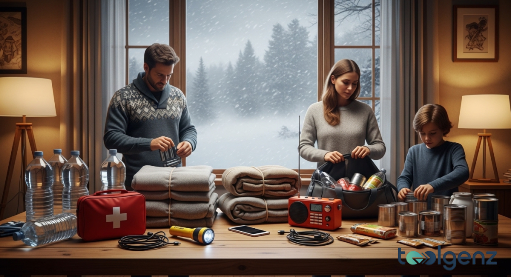A family, including two adults and a child, prepares an emergency kit with supplies like water, blankets, and canned goods. They are getting ready for a winter storm.