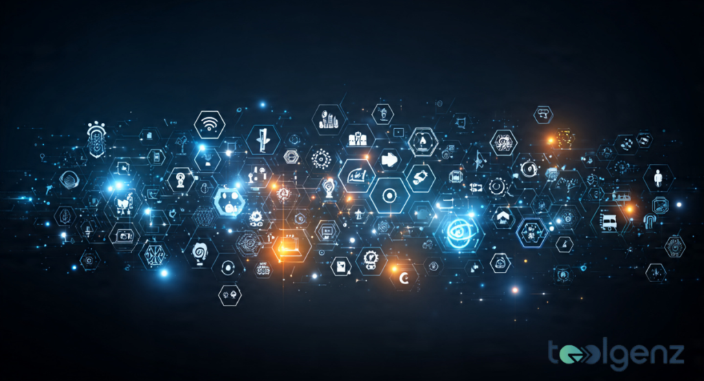 A vast digital constellation of glowing hexagonal icons representing various sectors such as telecommunications, energy, and robotics, all interconnected by shimmering lines of light against a dark background.