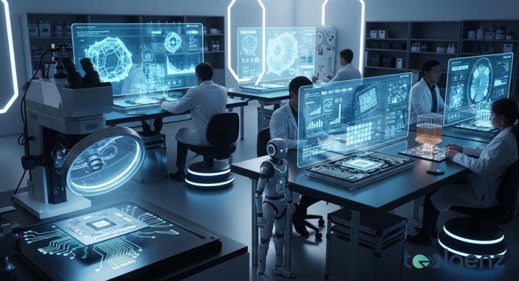 Scientists in a futuristic lab work with transparent displays showing complex data and circuit designs, alongside a humanoid robot assistant. This represents cutting-edge quantum computing research.