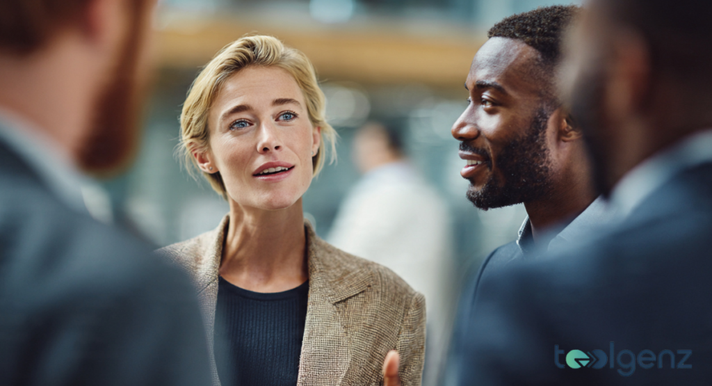 A smiling female employee sitting in a bright office space with a laptop.
She is looking directly at the camera, representing a success story from the company.