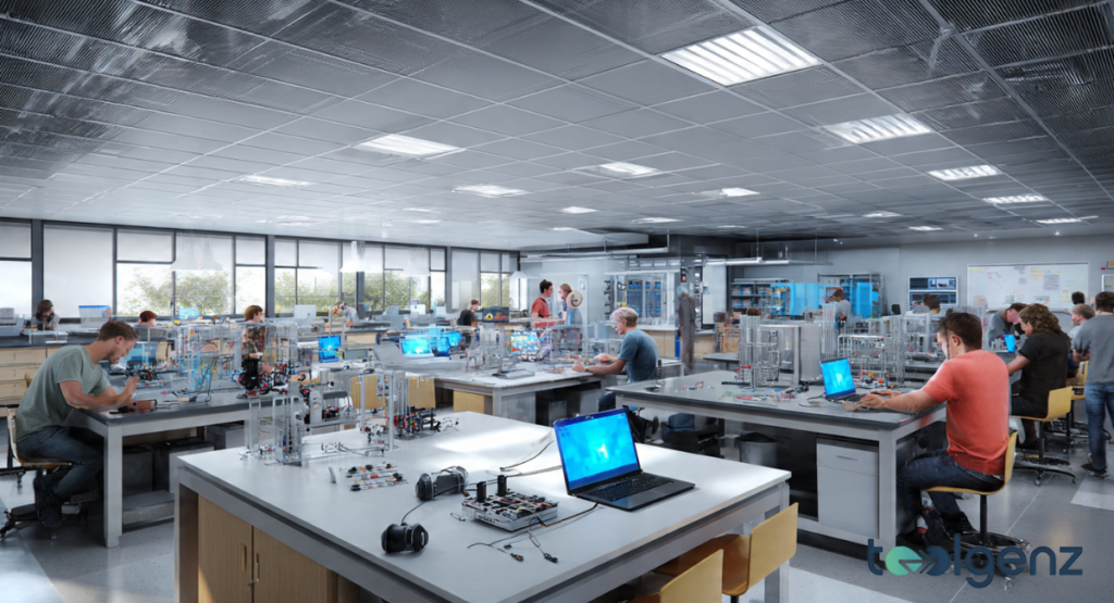 Students working in a high-tech engineering lab filled with electronic components and computer stations.