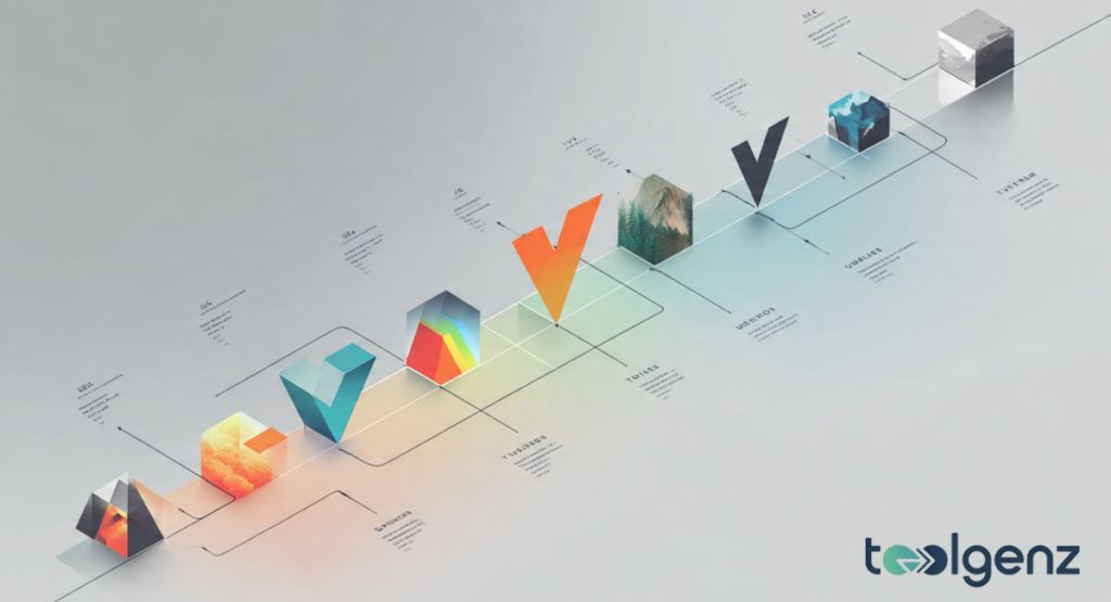 An isometric 3D timeline showcasing a series of evolving geometric icons, including stylized "V" shapes and cubic structures with varying textures like fire, water, and mountains, connected by a clean diagonal path.