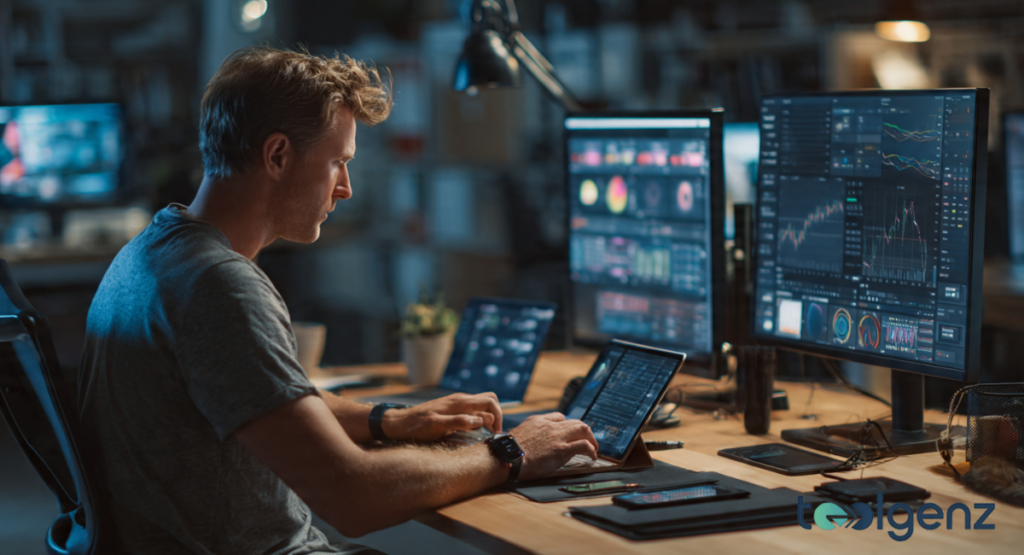 A close-up of a professional tech reviewer holding a high-performance processor chip and a compact SSD.