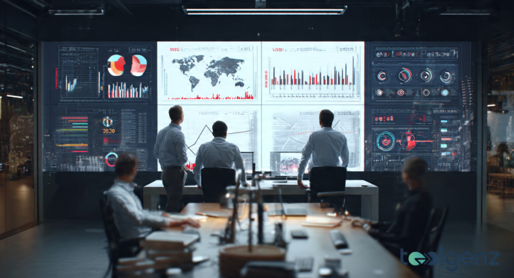 A dark command center where three analysts stand before a massive wall of data visualizations. The screens display global maps, pie charts, and complex bar graphs.