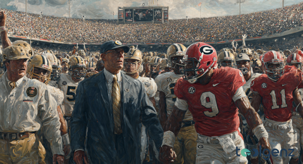 An oil painting style illustration of a stern coach in a suit walking onto a football field, flanked by determined players in red and white jerseys on one side and gold and white jerseys on the other.