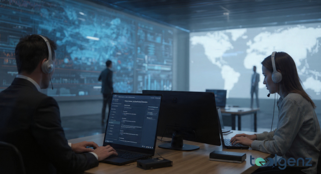 Two customer support specialists wearing headsets work at a long wooden desk with laptops. In the background, large screens show blurry data and world maps.