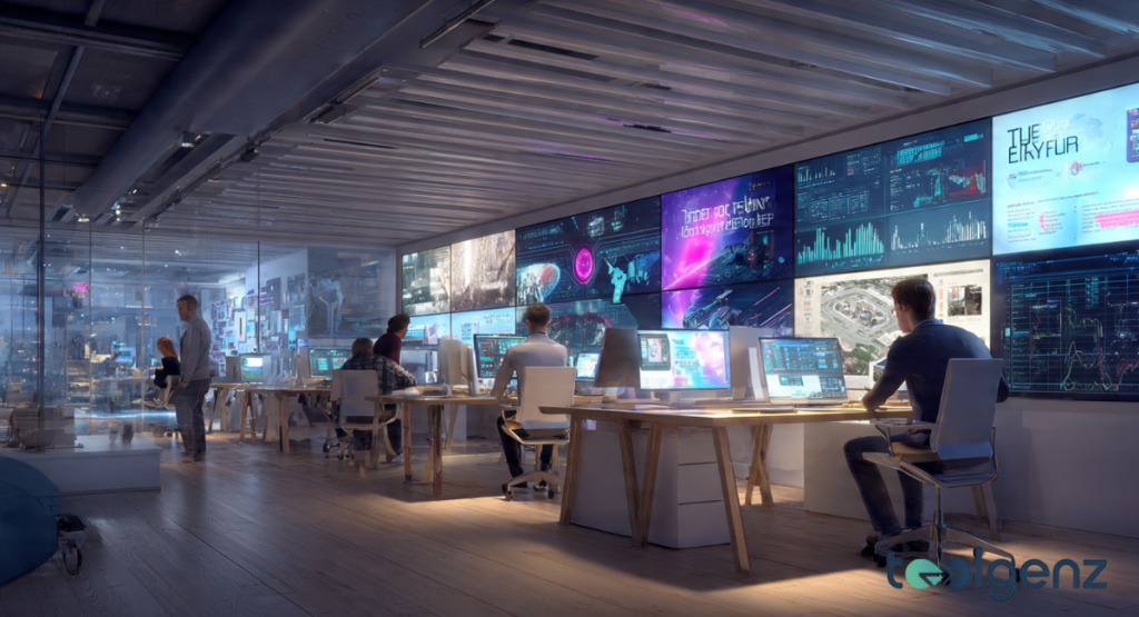 A person standing on a peak looking toward a futuristic digital horizon filled with data visualizations. A symbolic image of a professional looking through binoculars at a landscape of emerging technologies.