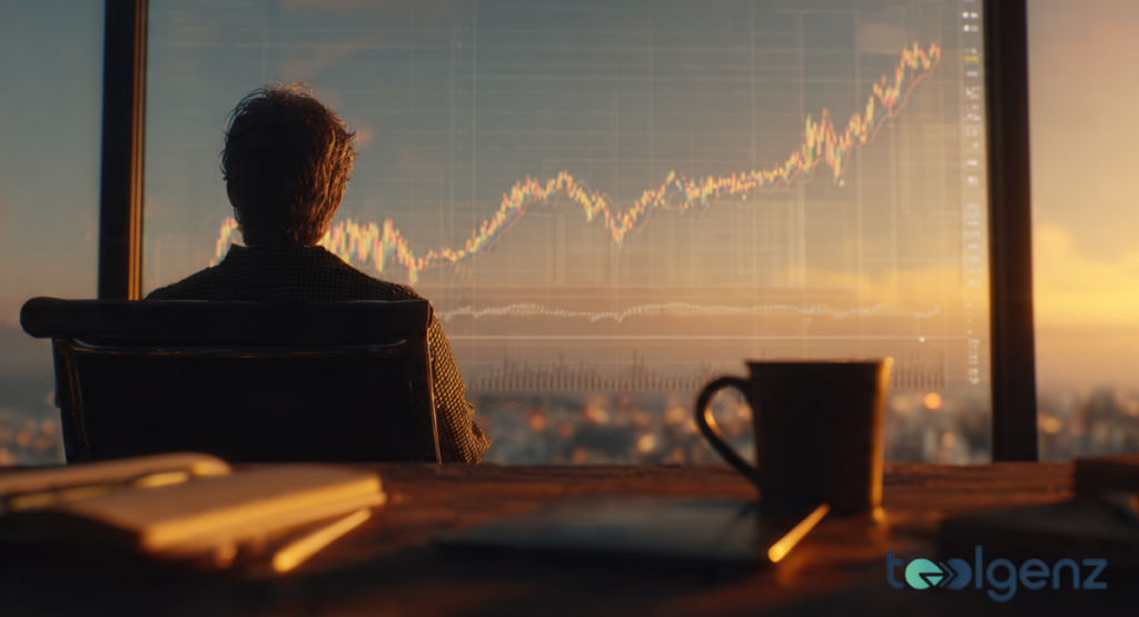 A visionary graphic of Ray-Ban Meta smart glasses glowing with a holographic AI interface. The text overlay reads "2026 Outlook" against a backdrop of a rising stock market candle.