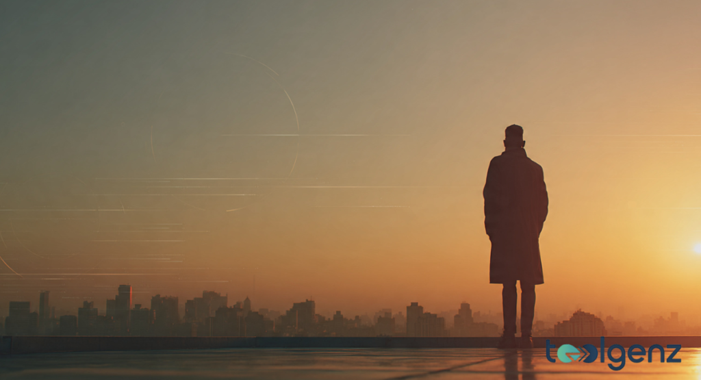A person's silhouette standing on a rooftop at sunset, looking out over a city skyline. The scene represents reflection and a long-term professional vision.