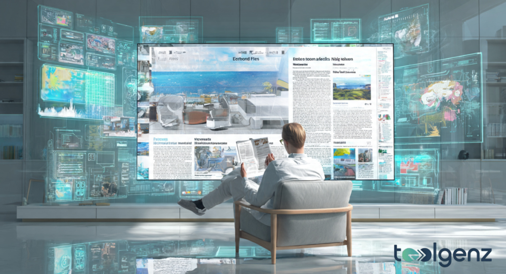 A conceptual visual representing the high-tech digital ecosystem of news FeedWorldTech, featuring a person in a futuristic workspace surrounded by immersive, transparent data screens and holographic news interfaces.