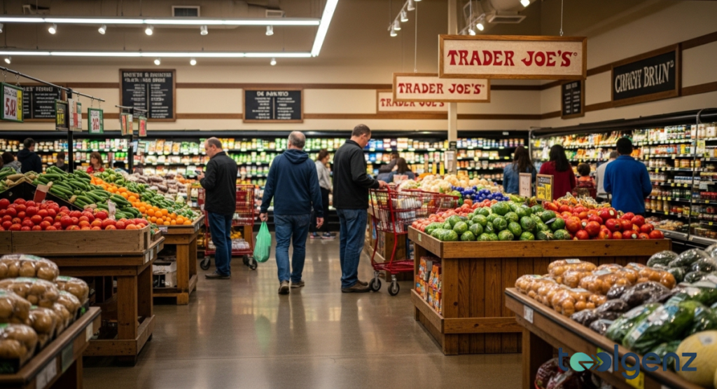 Shoppers pushing carts through the well-stocked aisles of a grocery store. Rows of fresh produce and various packaged goods line the shelves under warm lighting.