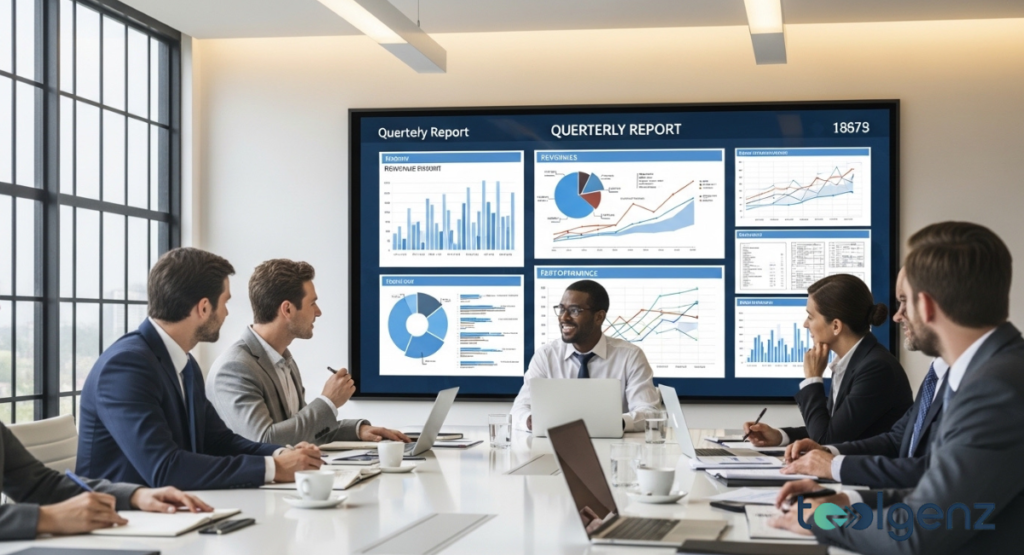 Business professionals sit around a conference table during a quarterly report.
A large screen displays colorful pie charts, bar graphs, and financial data.