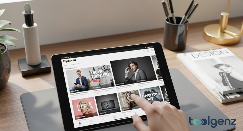 A hand interacts with a tablet displaying the Flipboard app, showing visually rich tech stories. The organized desktop with a plant and desk accessories indicates a creative or professional workflow.