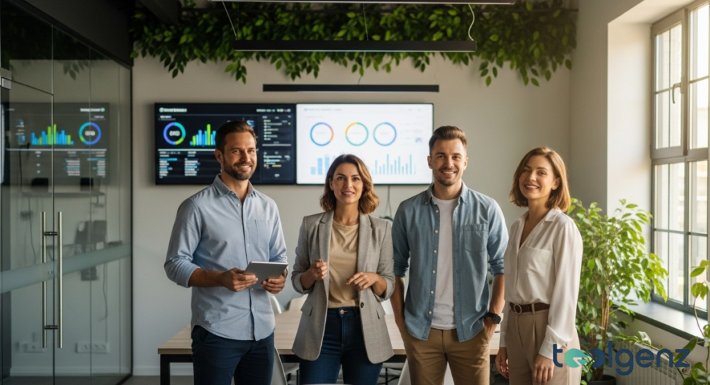 A diverse group of four smiling professionals stands in a modern meeting room adorned with lush green plants and screens displaying business analytics. Their confident demeanor suggests a strong and unified leadership team ready for success.