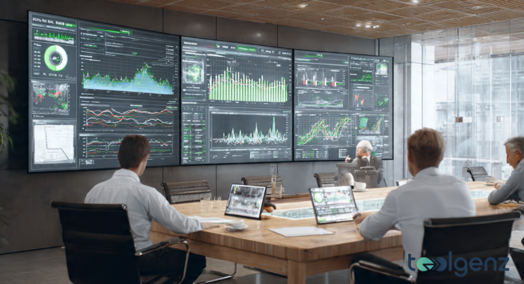 A bright, modern boardroom where executives sit at a large table facing a wall of financial charts. Green and white line graphs dominate the digital displays.