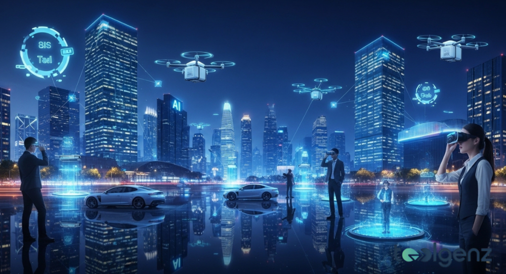 A vibrant, futuristic city night scene with people interacting with augmented reality interfaces and drones flying overhead. Holographic cars and digital displays create a hyper-connected urban landscape.