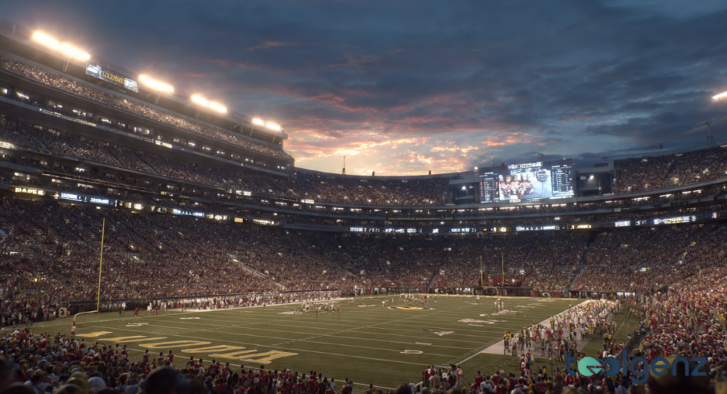 A wide-angle view of a professional-grade college football stadium under a sunset sky, with a digital scoreboard and thousands of fans in attendance for a major UGA Georgia Tech rivalry game.