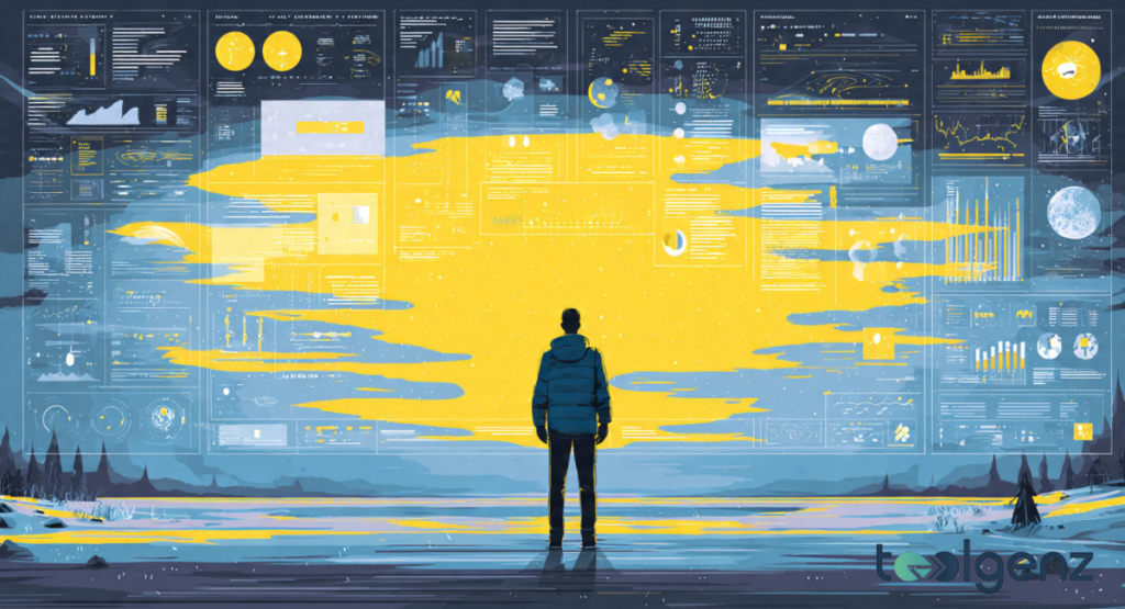 A man in a blue jacket stands on a snowy landscape, gazing at a massive, glowing yellow digital wall filled with complex data visualizations and futuristic information from FtAsiaEconomy.