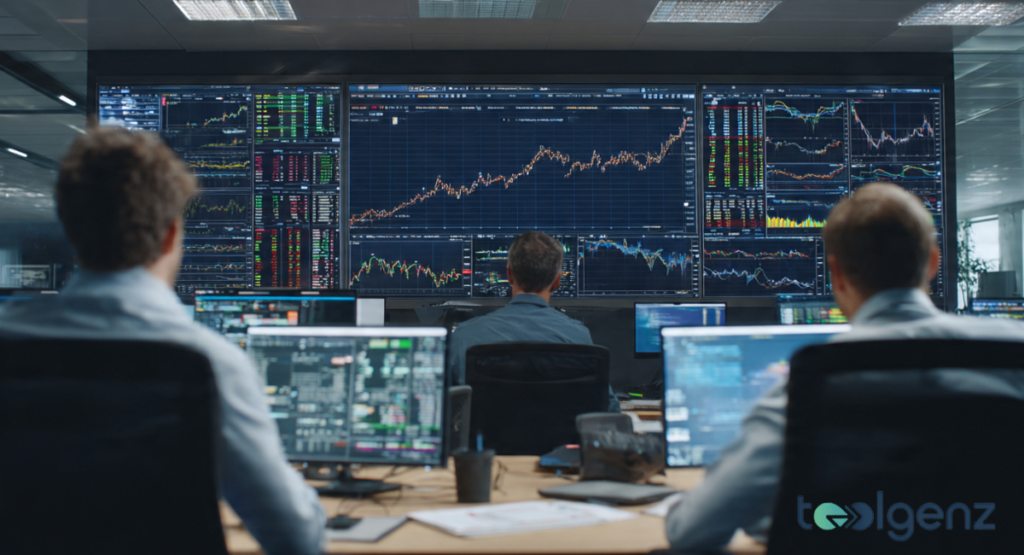 A high-tech operations center featuring massive wall-mounted displays showing real-time stock market fluctuations and financial growth charts.