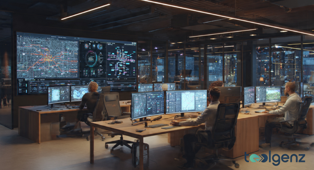 A modern, dimly lit developer workspace equipped with multi-monitor setups and large-scale data visualization maps of urban infrastructure.